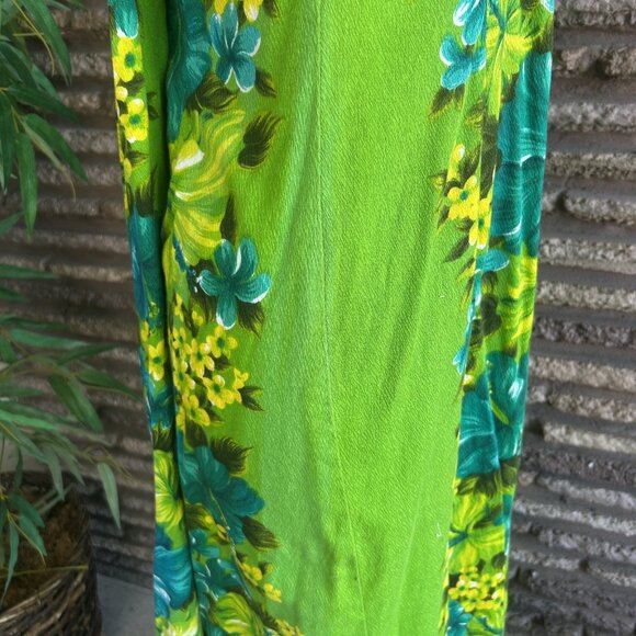 Hawaiian Togs Vintage Green Floral Barkcloth V Neck Draped Back Tiki Maxi Dress - Picture 6 of 14